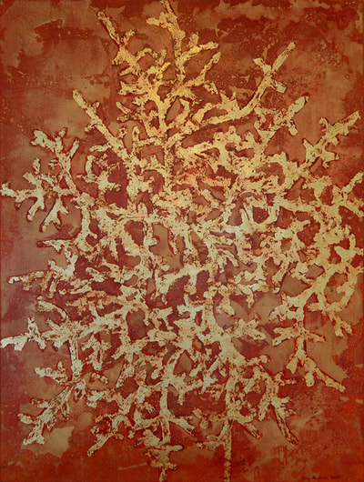 Abstract painting in red and gold leaf with fungal pattern.